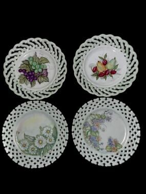 Vintage reticulated 4 milkglass fruit plates  decorative purposes w/ Signature